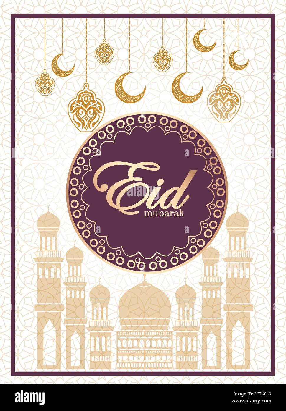 eid mubarak, islamisches Design mit Kalligraphie Text und Muster isoliert auf weißem Hintergrund. Hängende Laterne und Halbmond. Stock Vektor
