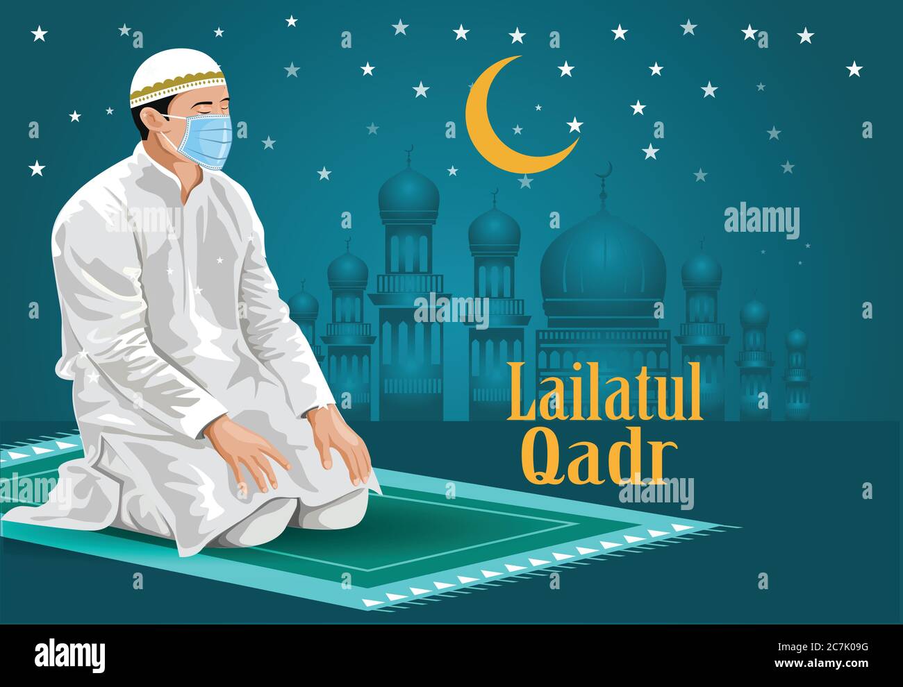 Mann betet auf den Knien, mit geschlossenen Augen. Tragen Sie chirurgische Maske, Ramadan Kareem, Lailatul Qadr Typografie Grußkarte schönes Design mit Schilloute Stock Vektor