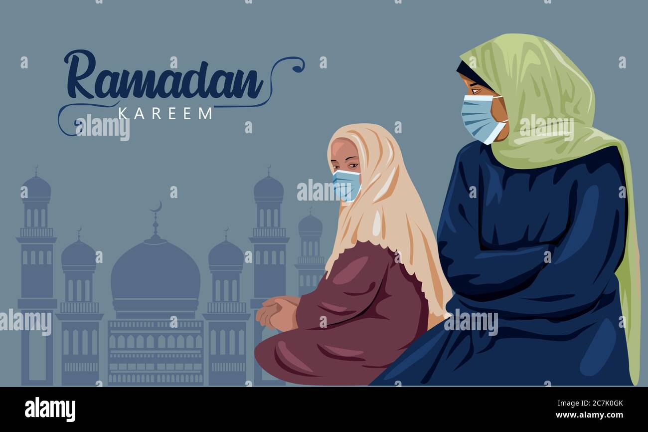 Ramadan Kareem. Frauen tragen Hijab. Muslimische Frau. Weibliche Hijab tragen Maske verhindern Virus, Corona oder COVID-19. Vektor Stock Vektor
