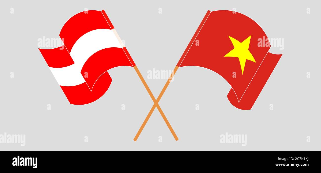 Gekreuzte und winkende Flaggen von Österreich und Vietnam. Vektorgrafik Stock Vektor