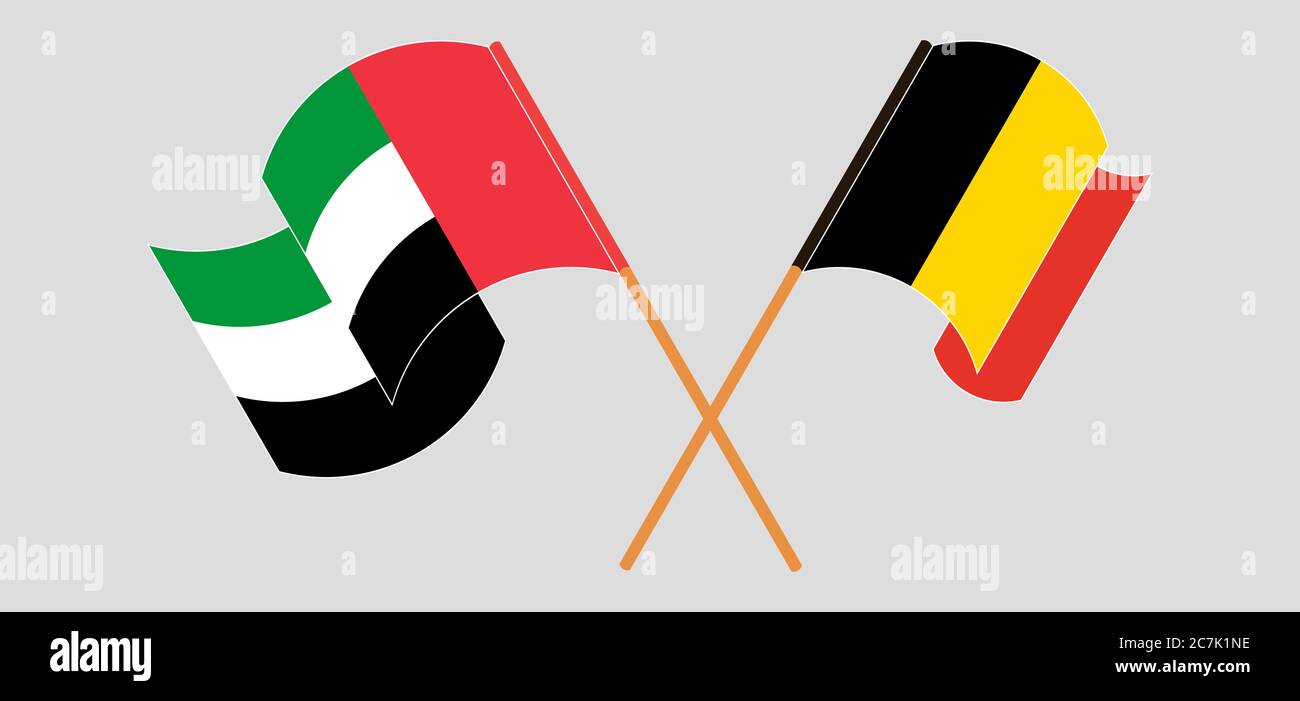 Gekreuzte und winkende Flaggen von Belgien und den Vereinigten Arabischen Emiraten. Vektorgrafik Stock Vektor