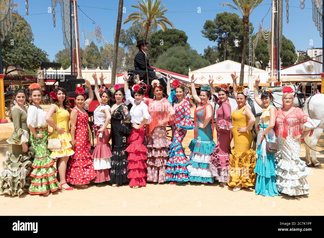 Besucher, Feria del Caballo, Festival, Tracht, Tradition, Kultur, Bräuche, Jerez de la Frontera, Andalusien, Spanien, Europa Stockfoto