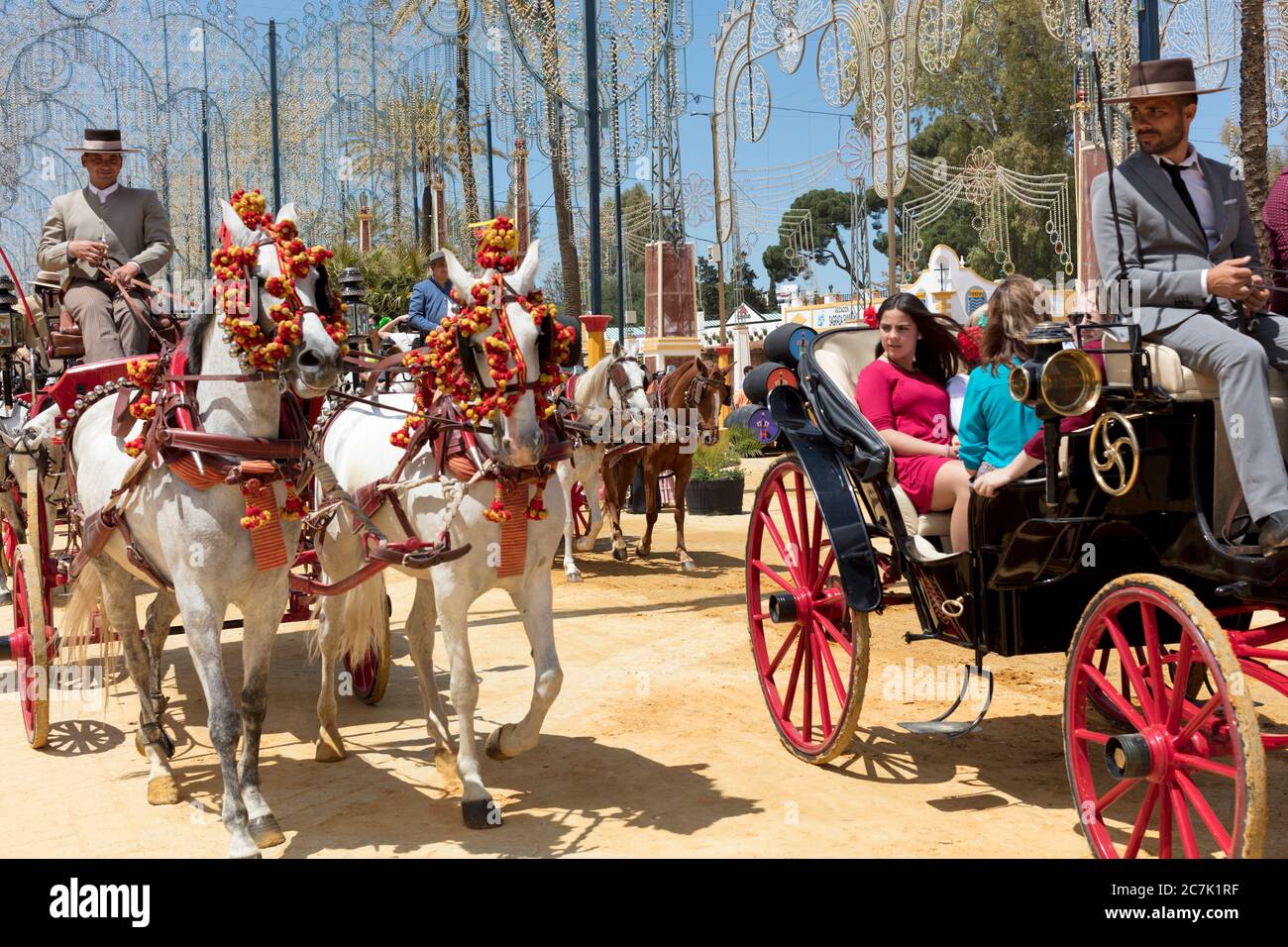 Feria del Caballo, Kutsche, Festival, Tracht, Tradition, Kultur, Bräuche, Jerez de la Frontera, Andalusien, Spanien, Europa Stockfoto