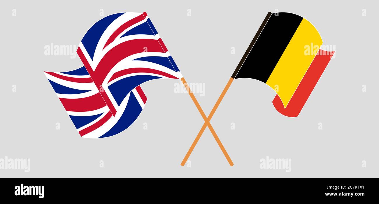 Gekreuzte und winkende Flaggen von Belgien und Großbritannien. Vektorgrafik Stock Vektor