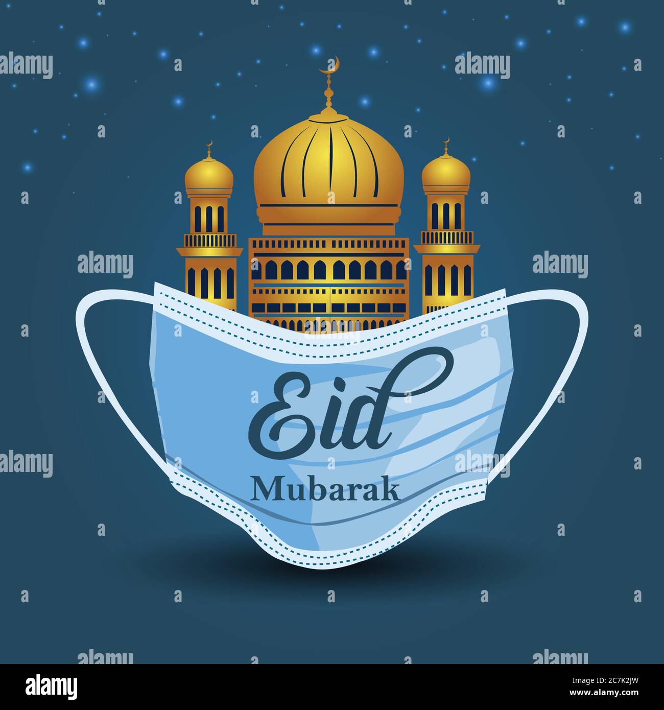 Eid mubarak Schrift auf OP-Maske und goldenen Moschee Hintergrund. Coronavirus, covid-19 Hintergrund Stock Vektor