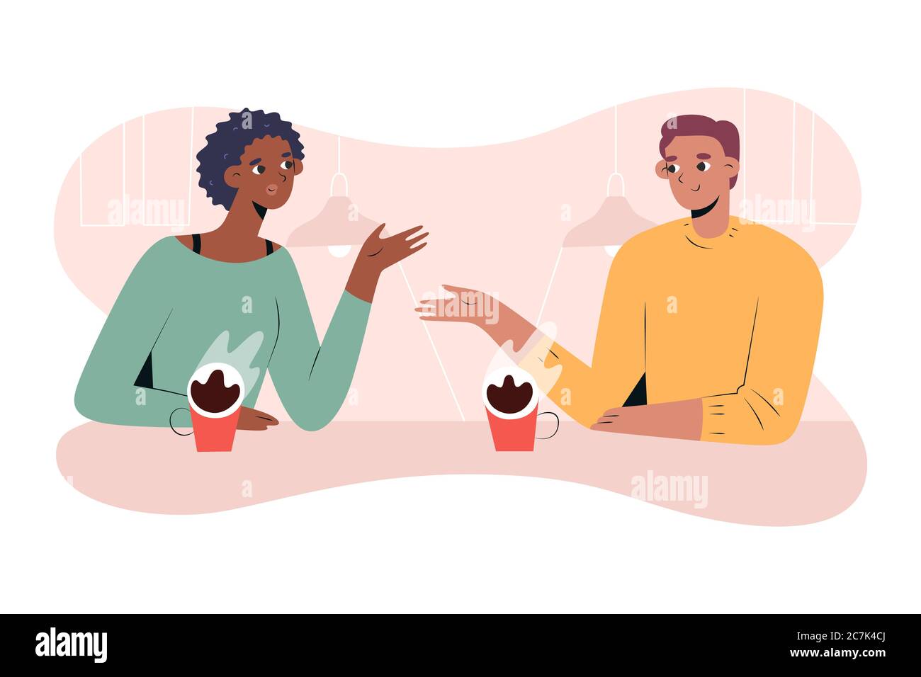 Interracial paar Kaffee zusammen in Café oder Café, afrikanische Freundin und weißen Freund auf Datum, genießen einander die Gesellschaft Stock Vektor