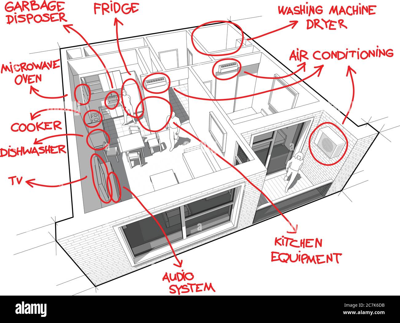 Perspektivisch weggeschnittenes Diagramm einer Wohnung mit einem Schlafzimmer komplett mit roten handgezeichneten Notizen über Haushaltsgeräte eingerichtet Stock Vektor