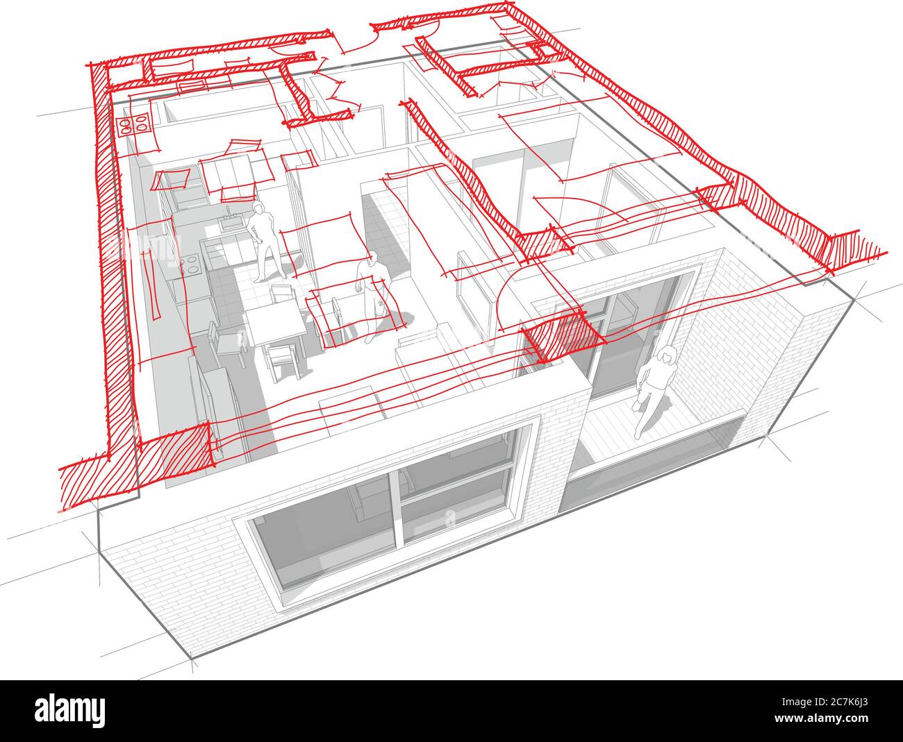 Perspektivisches Schnittplan einer Wohnung mit einem Schlafzimmer, komplett mit rotem, handgezeichneter architektonischer Grundriss eingerichtet Stock Vektor