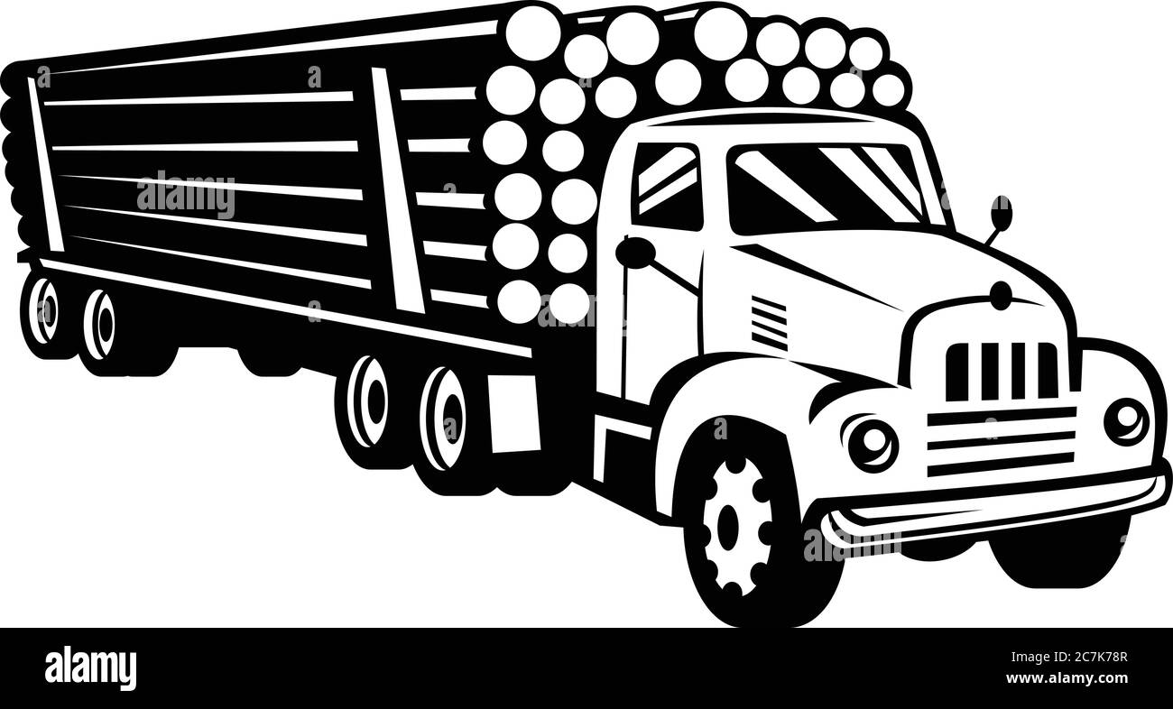 Retro Holzschnitt schwarz und weiß Stil Illustration eines klassischen Oldtimer Holzfäller, LKW, LKW, LKW oder Holz LKW, ein großer LKW mit Log Stock Vektor