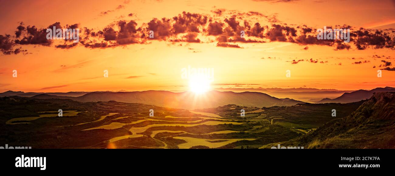Sonnenaufgang über den Weinbergen in Navarra, Spanien Stockfoto