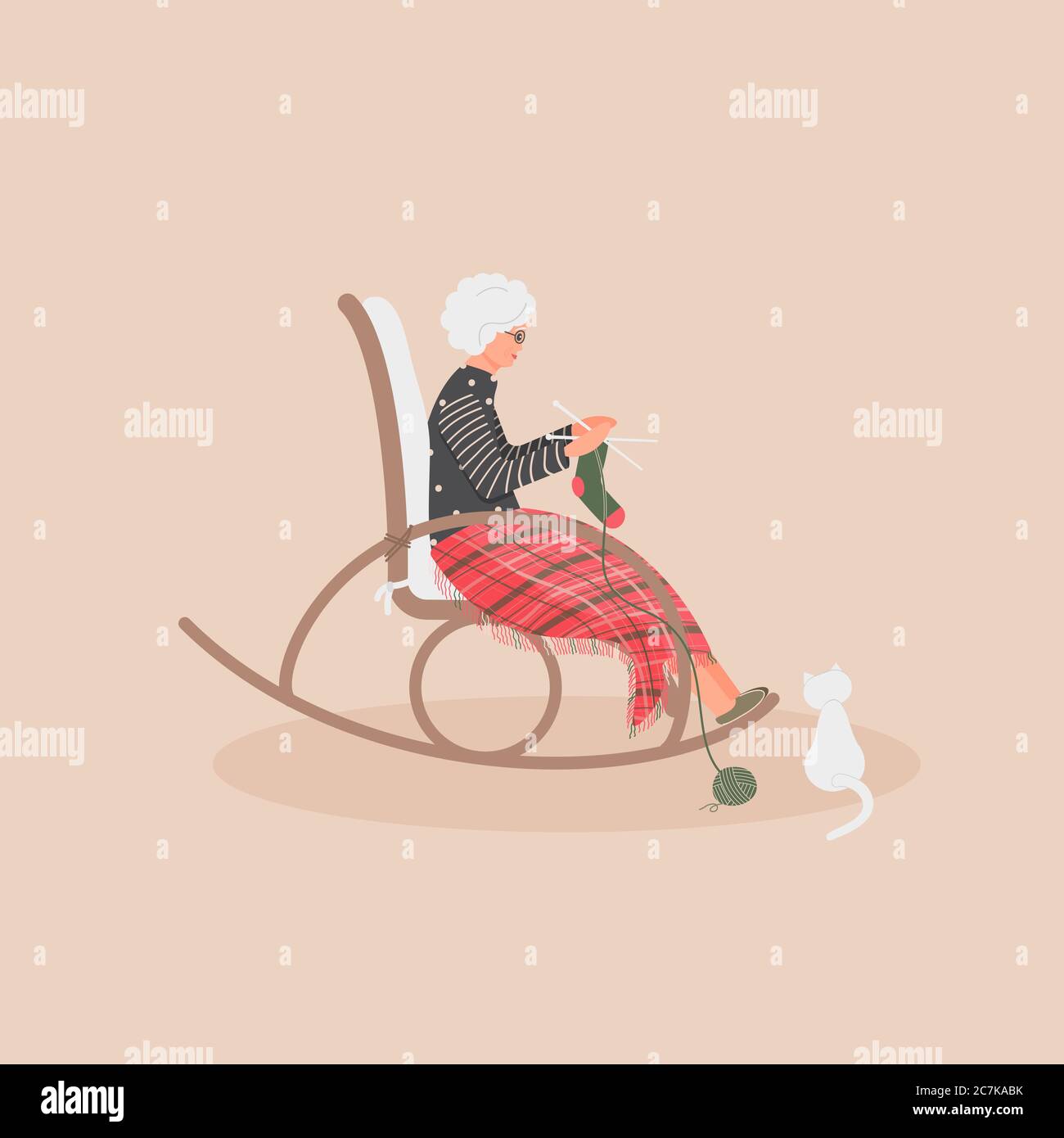 Ältere nette Frau sitzt in einem Schaukelstuhl.Alte Dame bedeckte ihre Füße mit kariertem Wollplaid.Cartoon Oma strickt eine Socke Stock Vektor