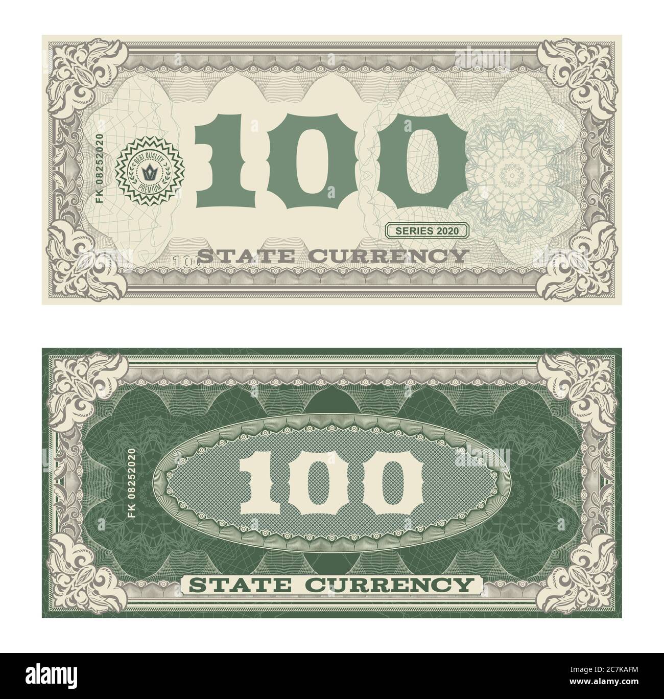 Vektor Geld Banknoten. Fake Money Illustration mit floralem Rand. Klassischer Vintage-Stil. Rückseite von Geldrechnungen Stock Vektor