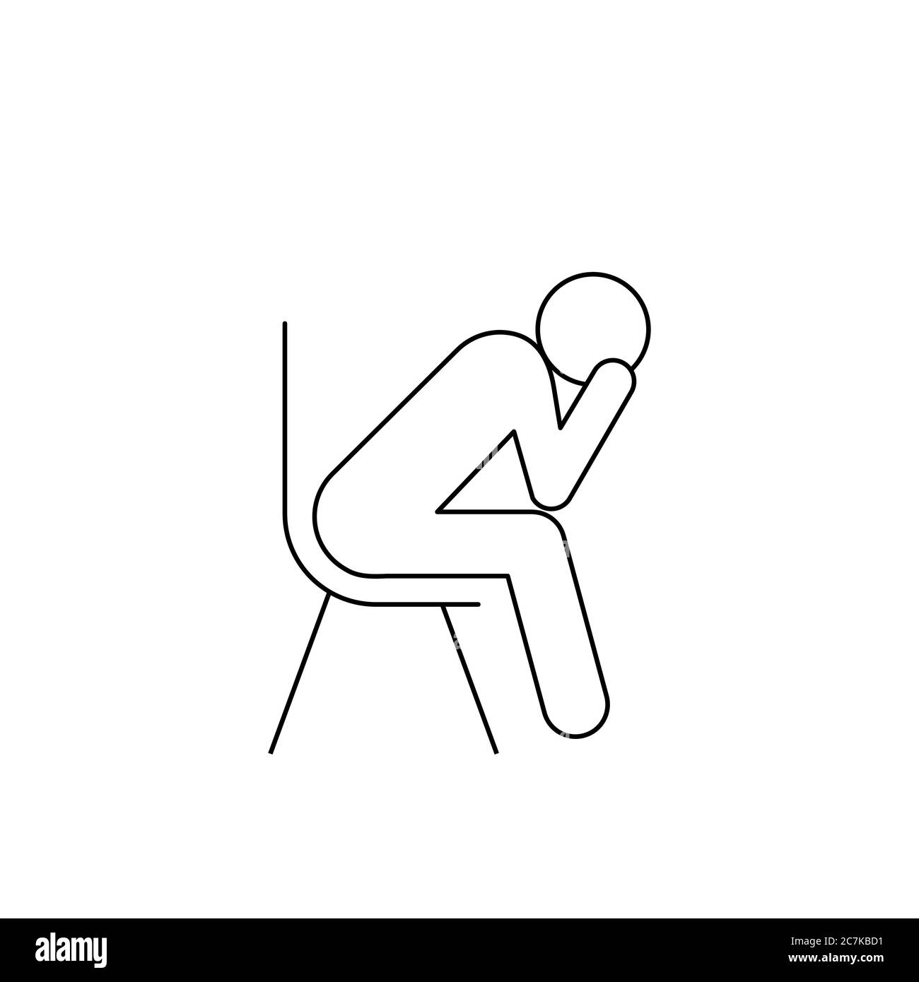 Depressiver Mann mit Kopf in den Händen. Traurig und besorgt menschlichen Figur Linie Symbol. Psychische Gesundheit und Unsicherheit Konzept. Schwarzer Umriss. Vektor Stock Vektor