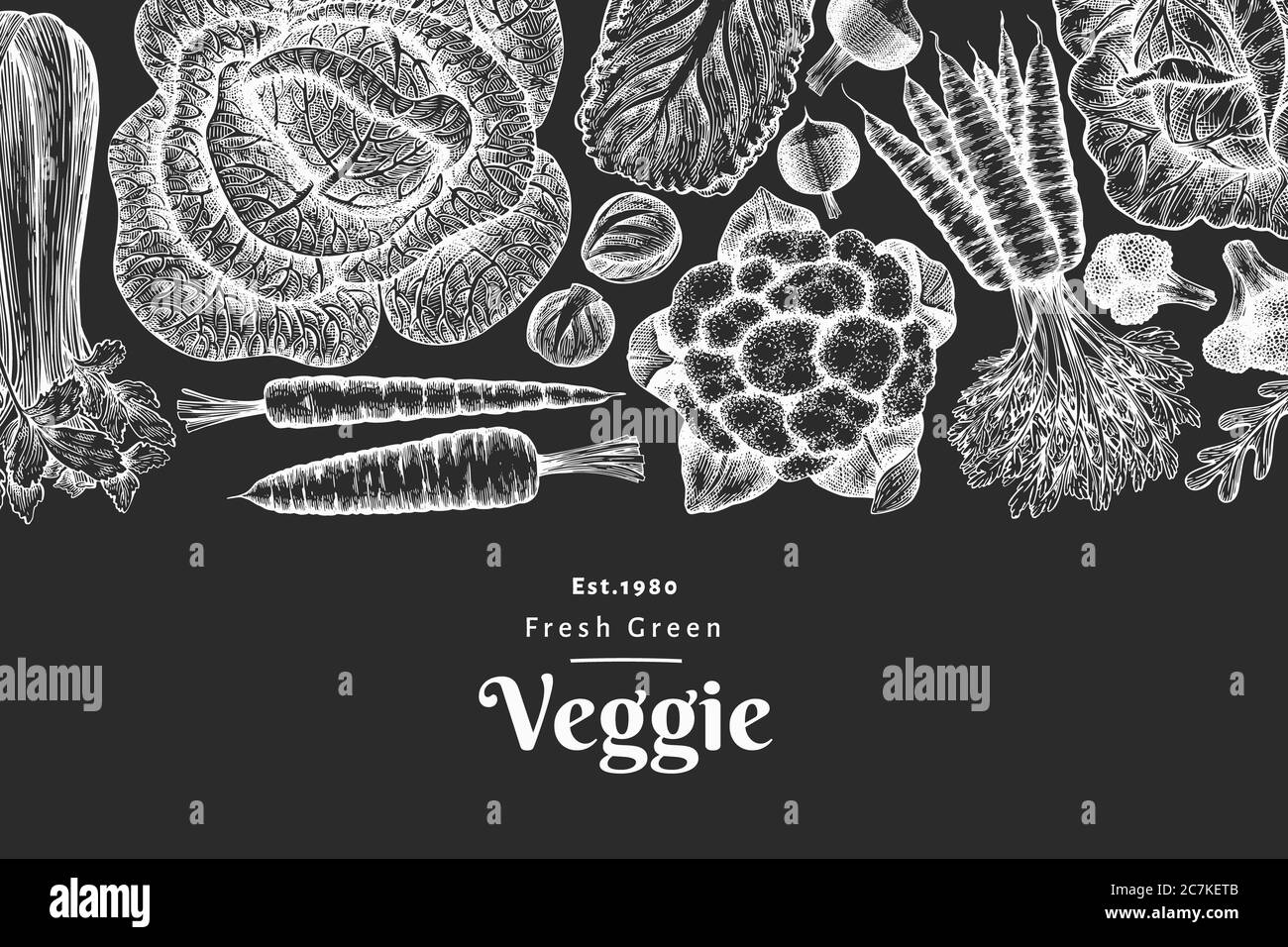 Handgezeichnete Skizze Gemüse Design. Organic Fresh Food Vektor-Banner-Vorlage. Retro Gemüse Hintergrund. Gravierte botanische Illustrationen auf Stockfoto