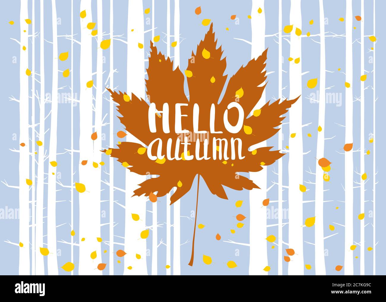 Hallo Herbst, Schriftzug auf einem Herbstblatt, Herbst, Hintergrund Landschaft Wald, Baumstämme, Vorlage für Banner, Poster, Vektor, Illustration, isoliert Stock Vektor