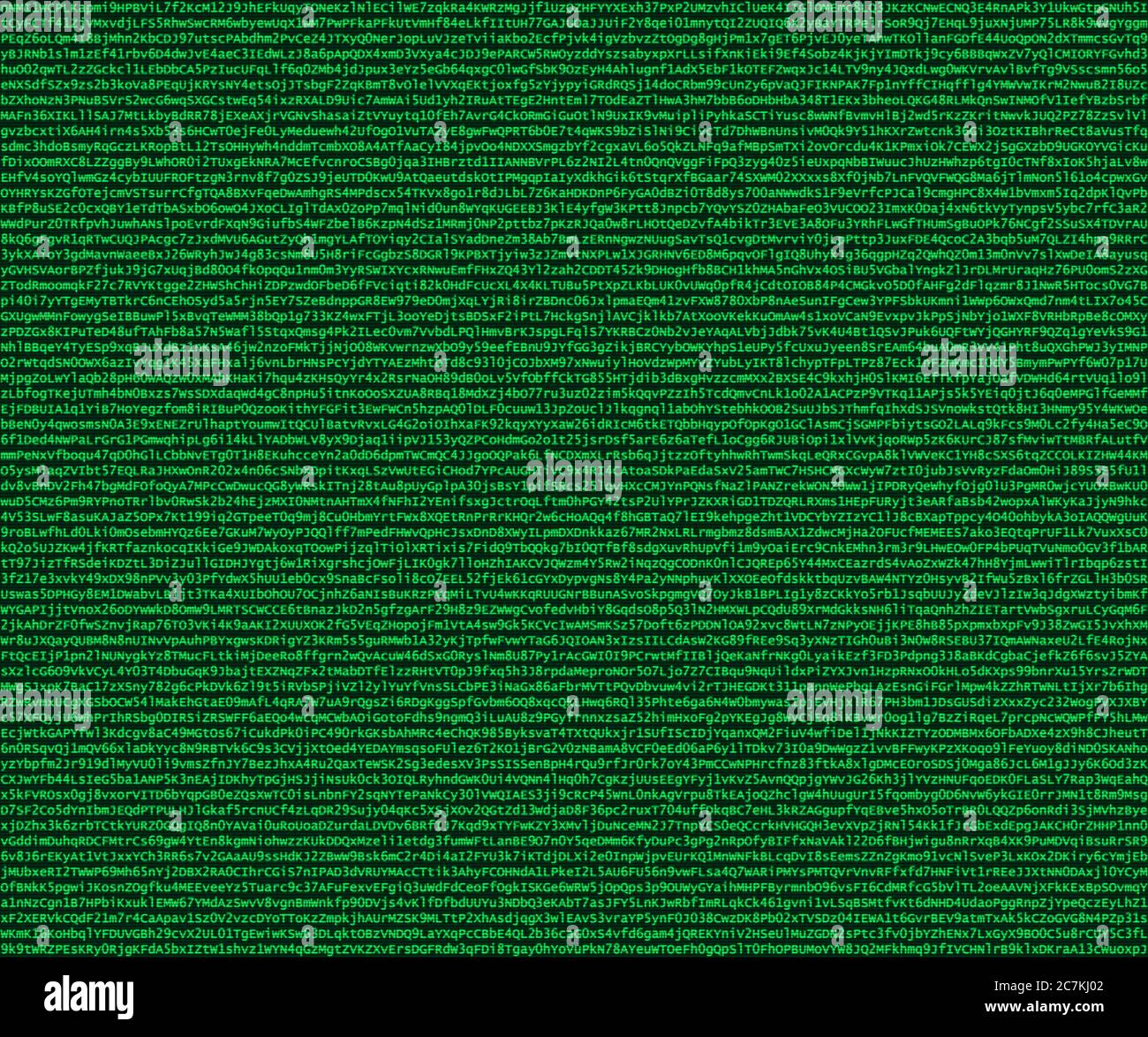 Cryptocode, zufällig generierte Buchstaben und Zahlencode in grünen Buchstaben auf einem dunkelgrünen Hintergrund stilisiert wie ein Computerbildschirm Stockfoto