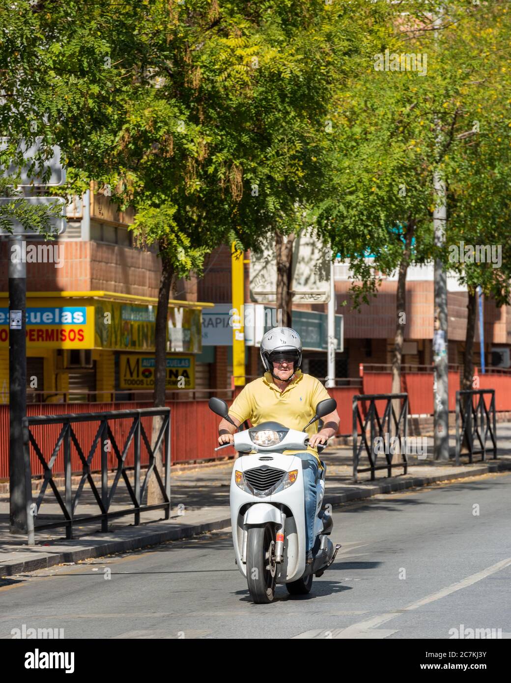 Ein Mann in einem gelben Poloshirt auf einem Motorroller auf einer von Bäumen gesäumten Allee in Granada, Spanien Stockfoto