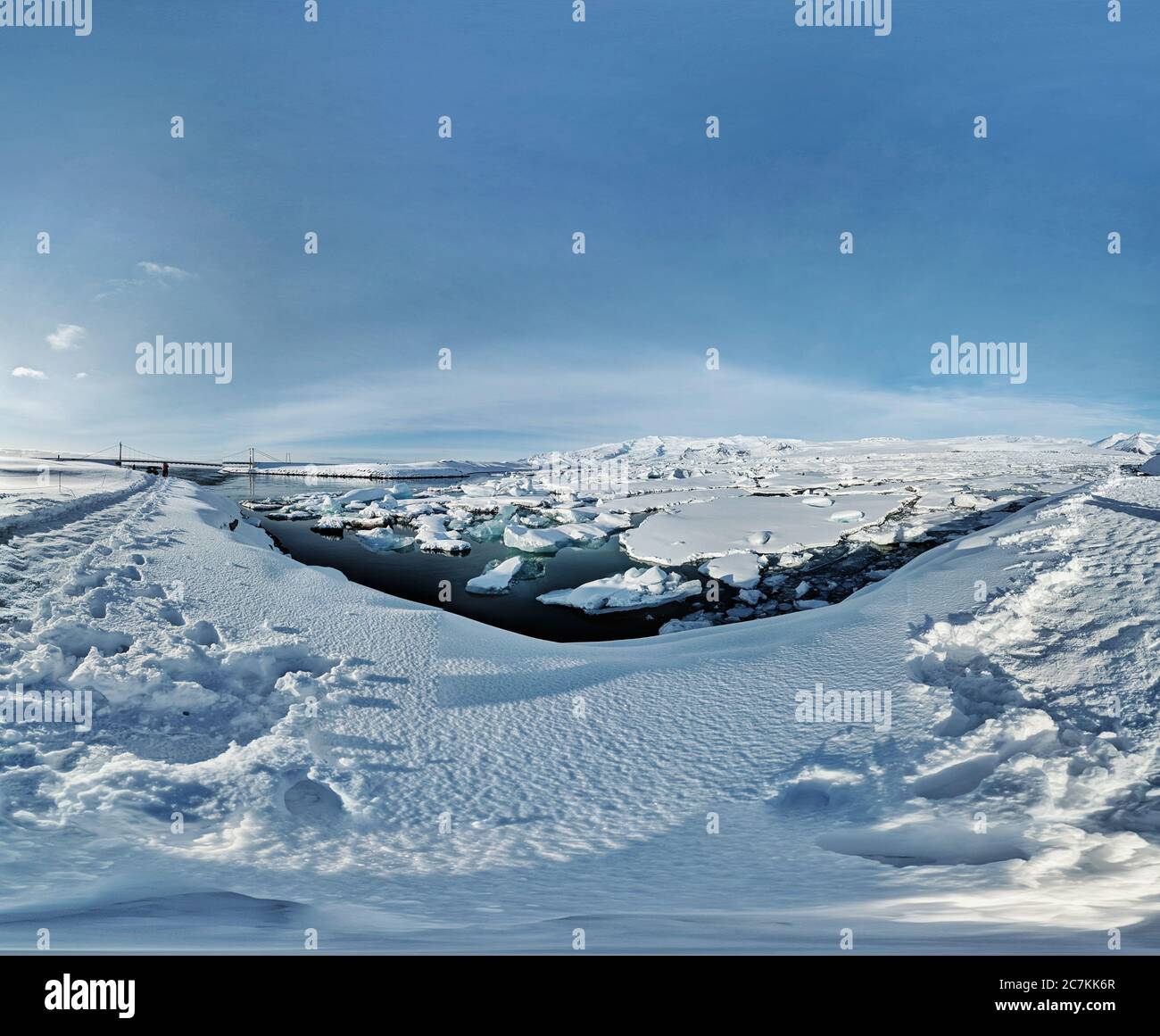 Panoramabild der Jokulsarlon Gletscherlagune in Island Stockfoto