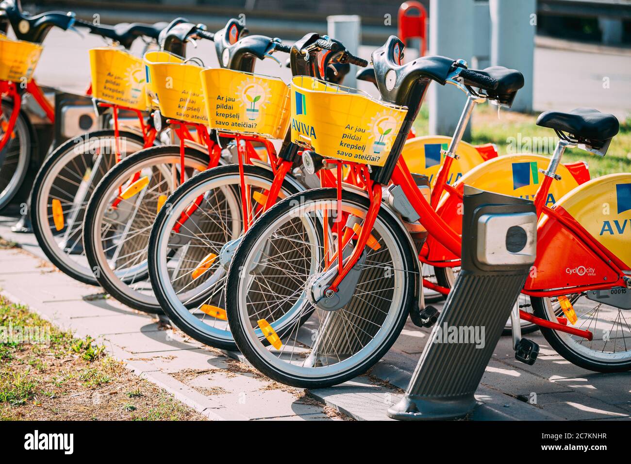 Vilnius, Litauen. Reihe von bunten Fahrräder AVIVA zu vermieten in der Stadt Fahrrad Parken in der Straße. Sommertag Stockfoto