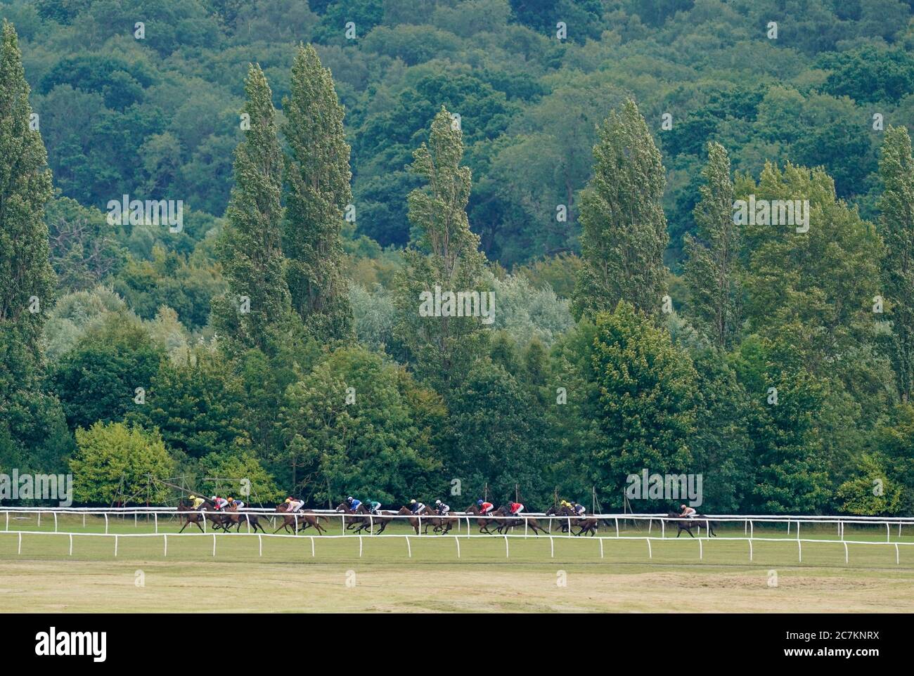 Läufer und Fahrer in Aktion während der bet365-Filmstarts Novice Stakes auf der Rennbahn Newbury. Stockfoto