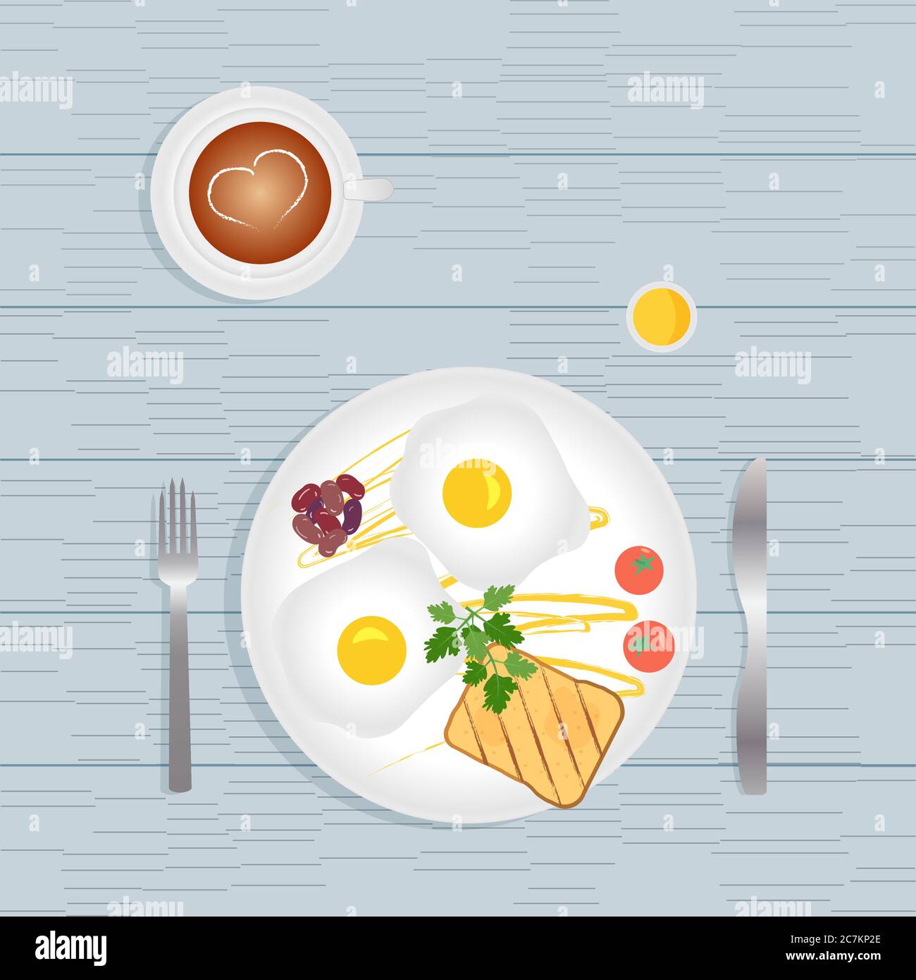 Frühstück und gesunde Mahlzeiten am Morgen - Spiegeleier, Toast, Gemüse, Tomaten, Bohnen, Petersilie und Sauce. Kaffee Latte mit Herzmuster Stock Vektor