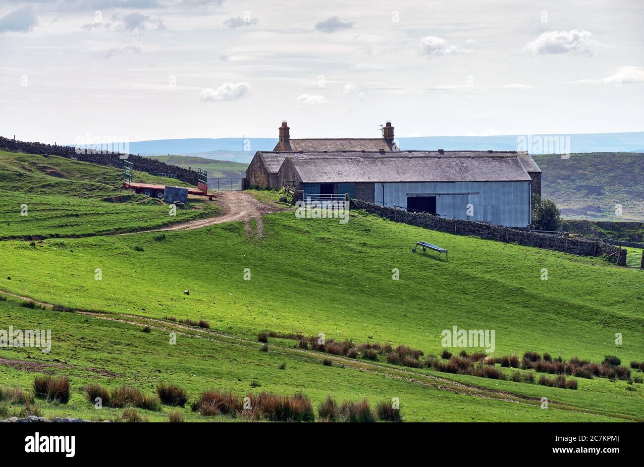 Ein ländliches Bauernhaus auf einem Hang in Northumberland Stockfoto