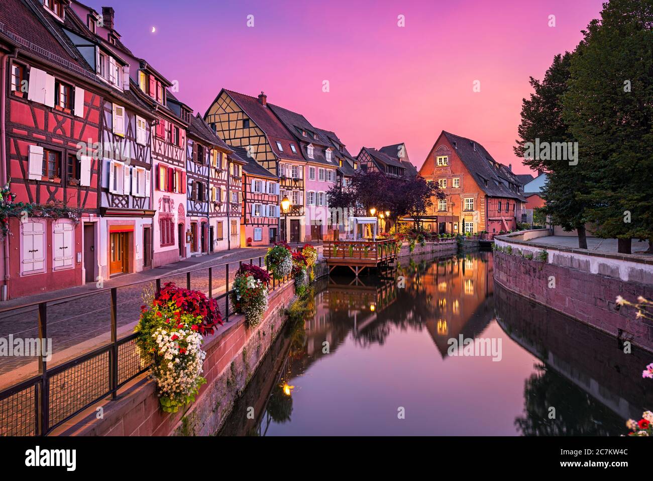 Sonnenuntergang in der Altstadt von Colmar, Elsass, Frankreich Stockfoto