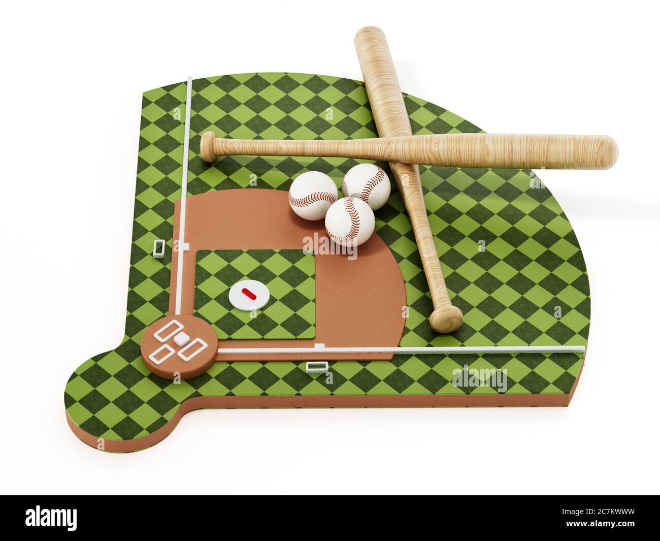 Baseballschläger und Ball stehen auf dem Baseballplatz. 3D-Illustration. Stockfoto