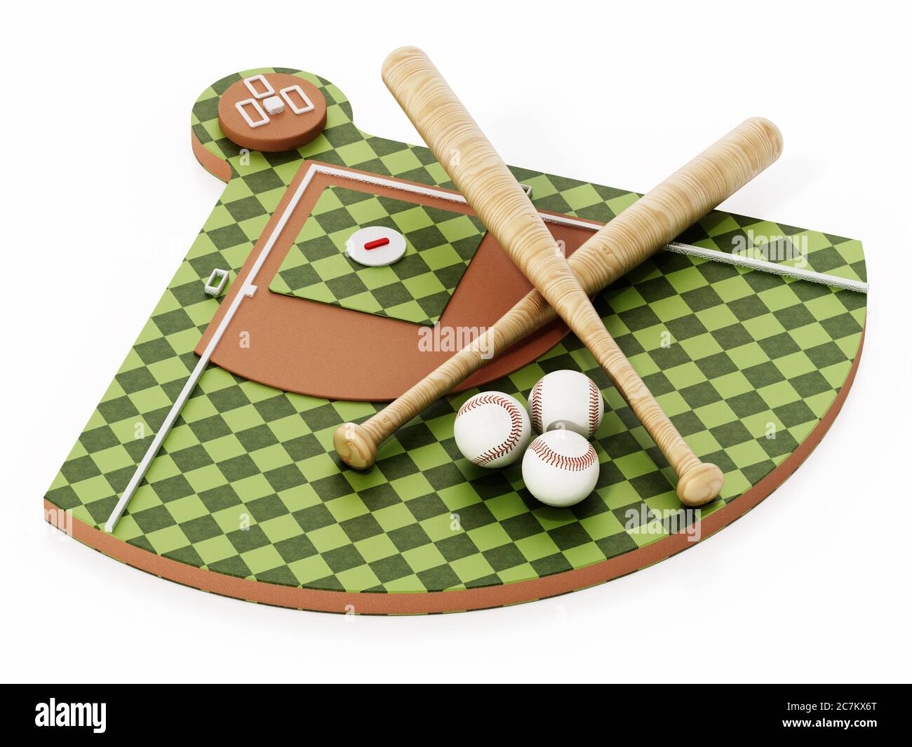 Baseballschläger und Ball stehen auf dem Baseballplatz. 3D-Illustration. Stockfoto