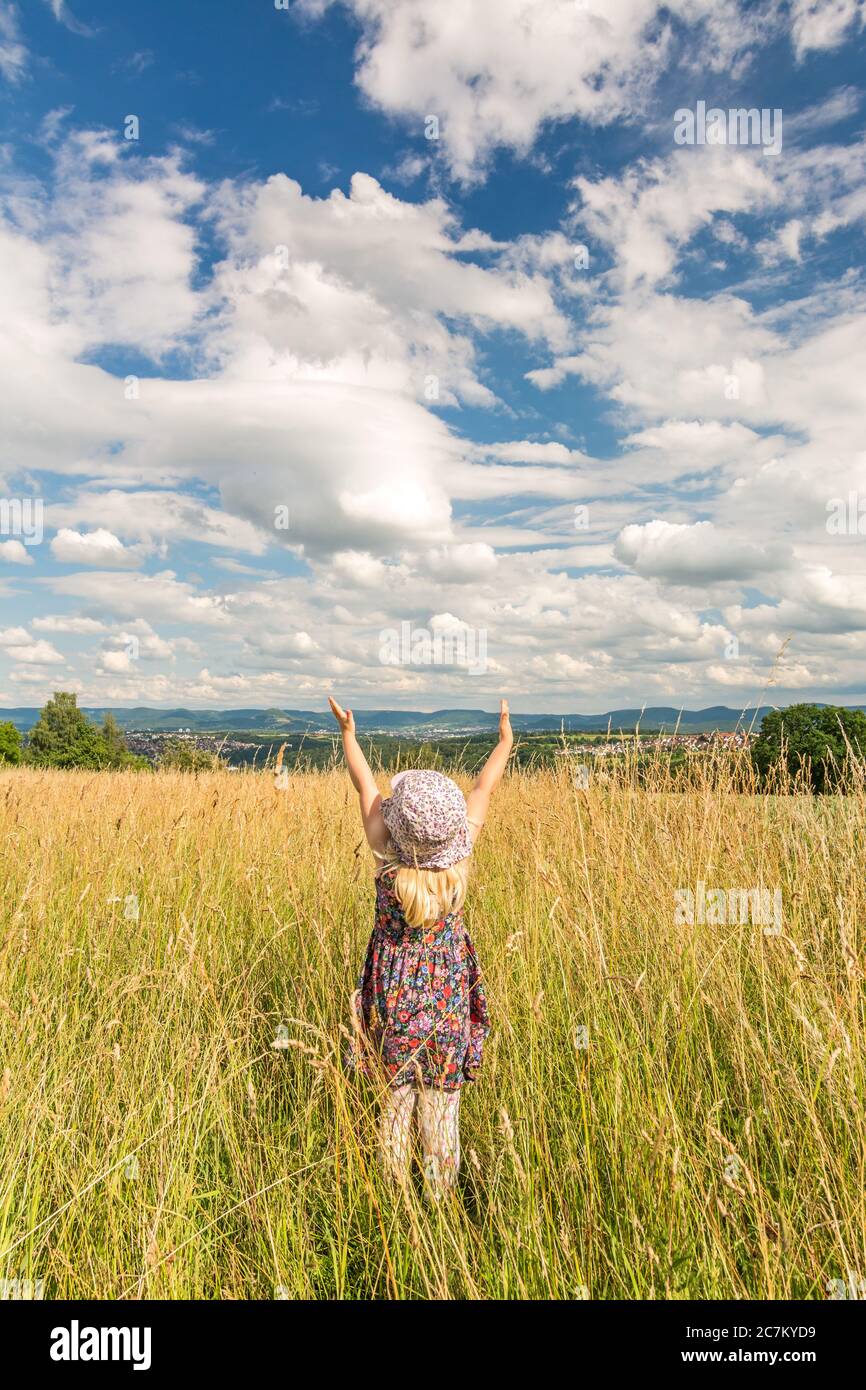 Nettes kleines blondes Mädchen, das im Sommer auf einem Feld steht und die Arme voller Freude hebt (vertikaler Schuss) Stockfoto