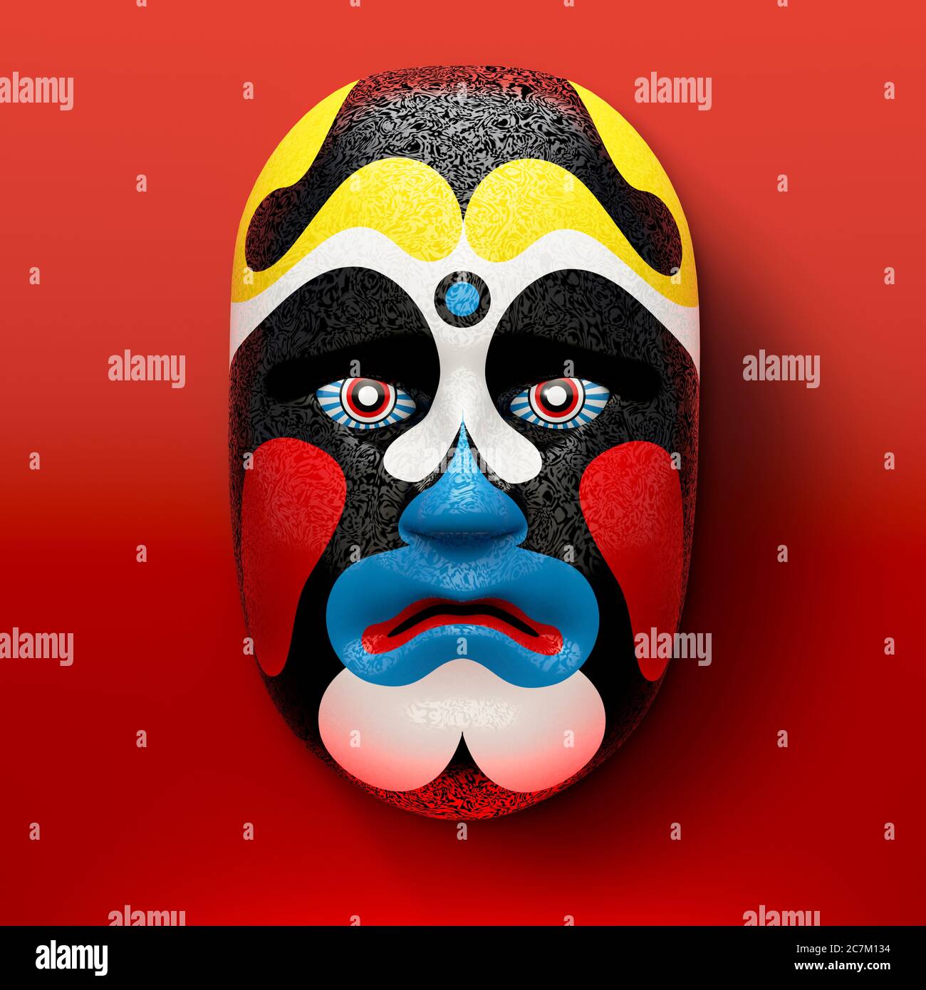 Asiatische Theatermaske mit farbigen Ornamenten auf rotem Hintergrund Stockfoto