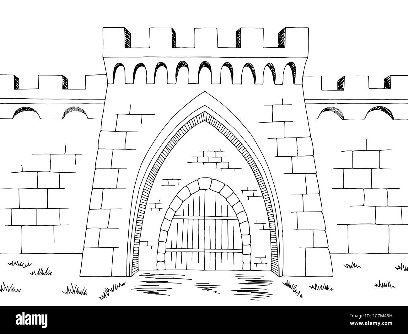 Burg Tor Grafik schwarz weiß Landschaft Skizze Illustration Vektor Stock Vektor