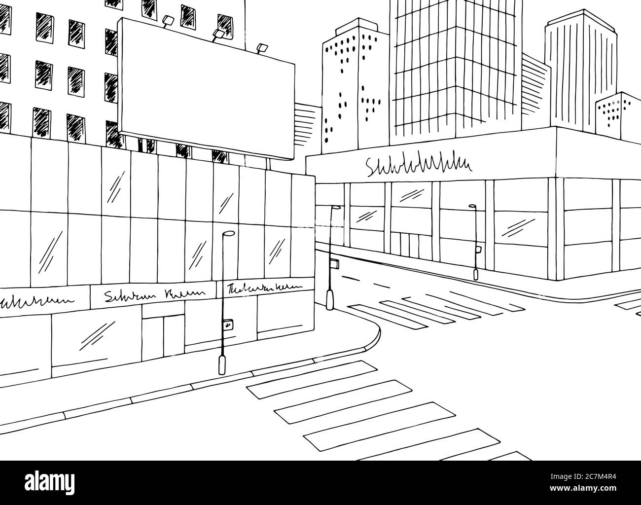 Straße Billboard Grafik schwarz weiß Stadt Landschaft Skizze Illustration Vektor Stock Vektor
