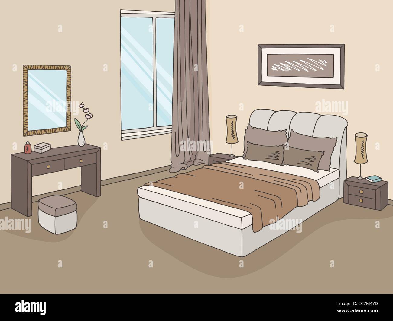 Schlafzimmer Grafik Farbe Heim Interieur Skizze Illustration Vektor Stock Vektor