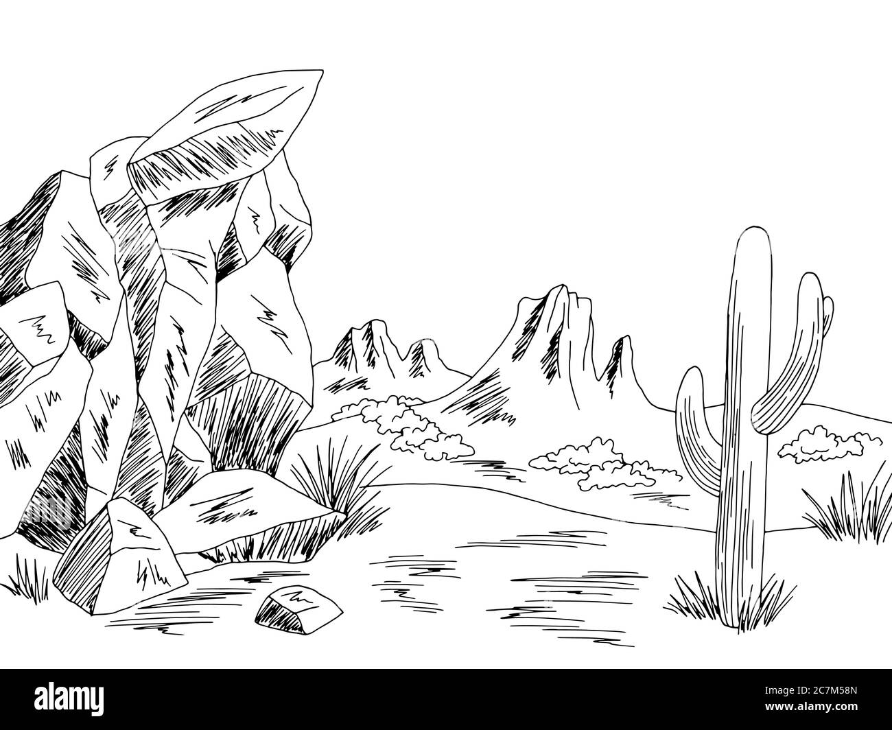 Prairie Grafik schwarz weiß wild Westen Wüste Landschaft Skizze Illustration Vektor Stock Vektor