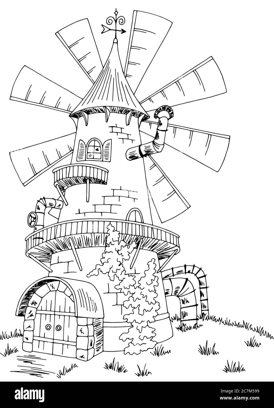 Fantasy Mühle Gebäude außen Grafik schwarz weiß Skizze Illustration Vektor Stock Vektor