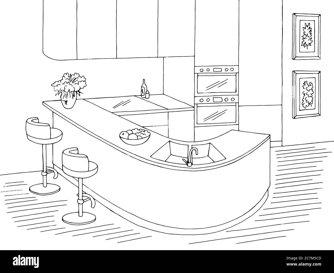 Runde Küche Grafik schwarz weiß Haus Interieur Skizze Illustration Vektor Stock Vektor