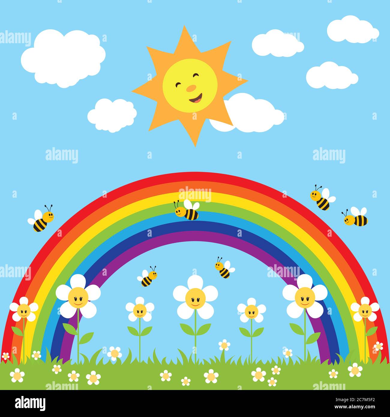 Farbenfroher Hintergrund mit Regenbogen, fröhlicher Sonne, lächelnden  Blumen und Bienen Stockfotografie - Alamy