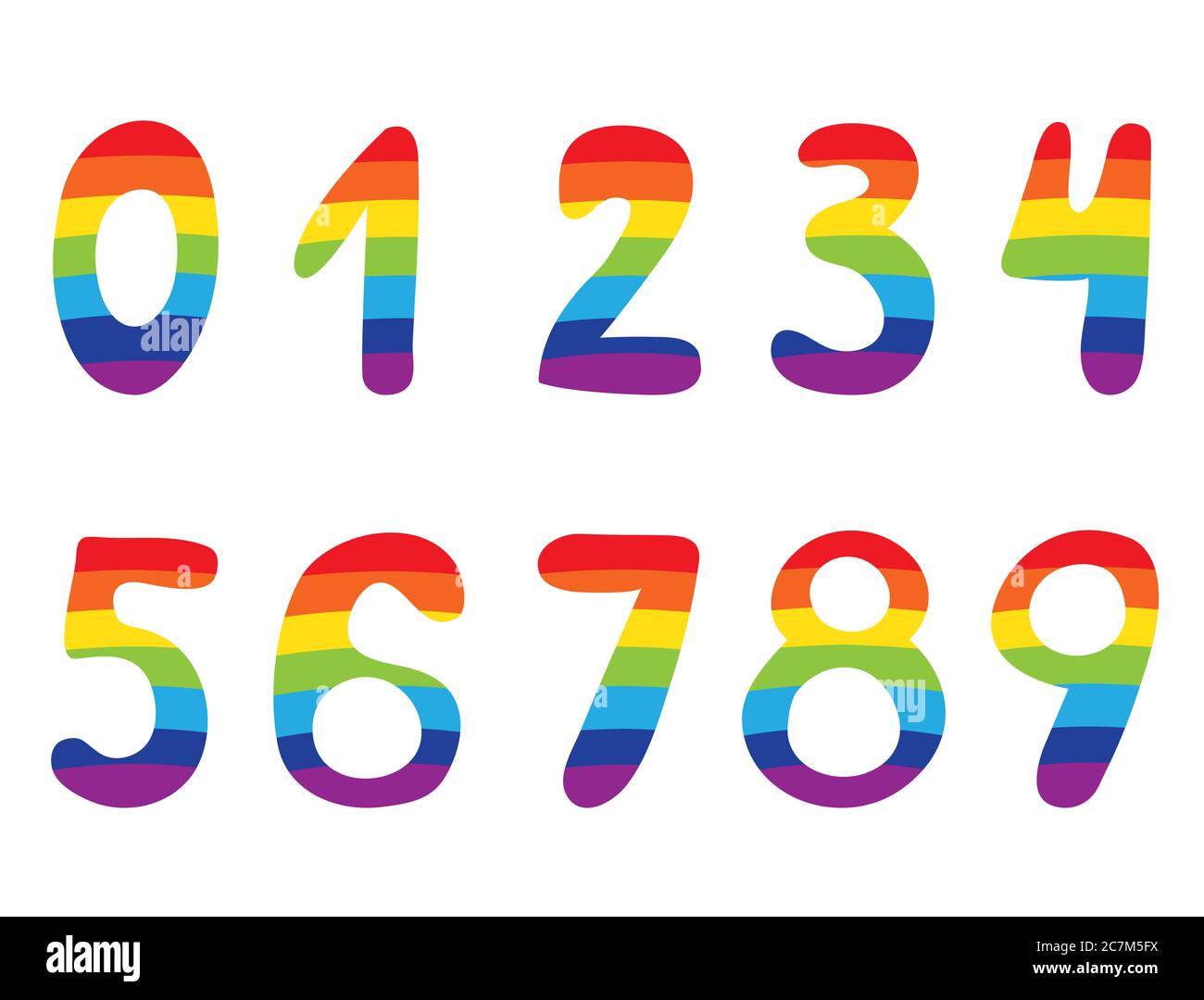 Satz von Regenbogenzahlen auf weißem Hintergrund. Stockfoto