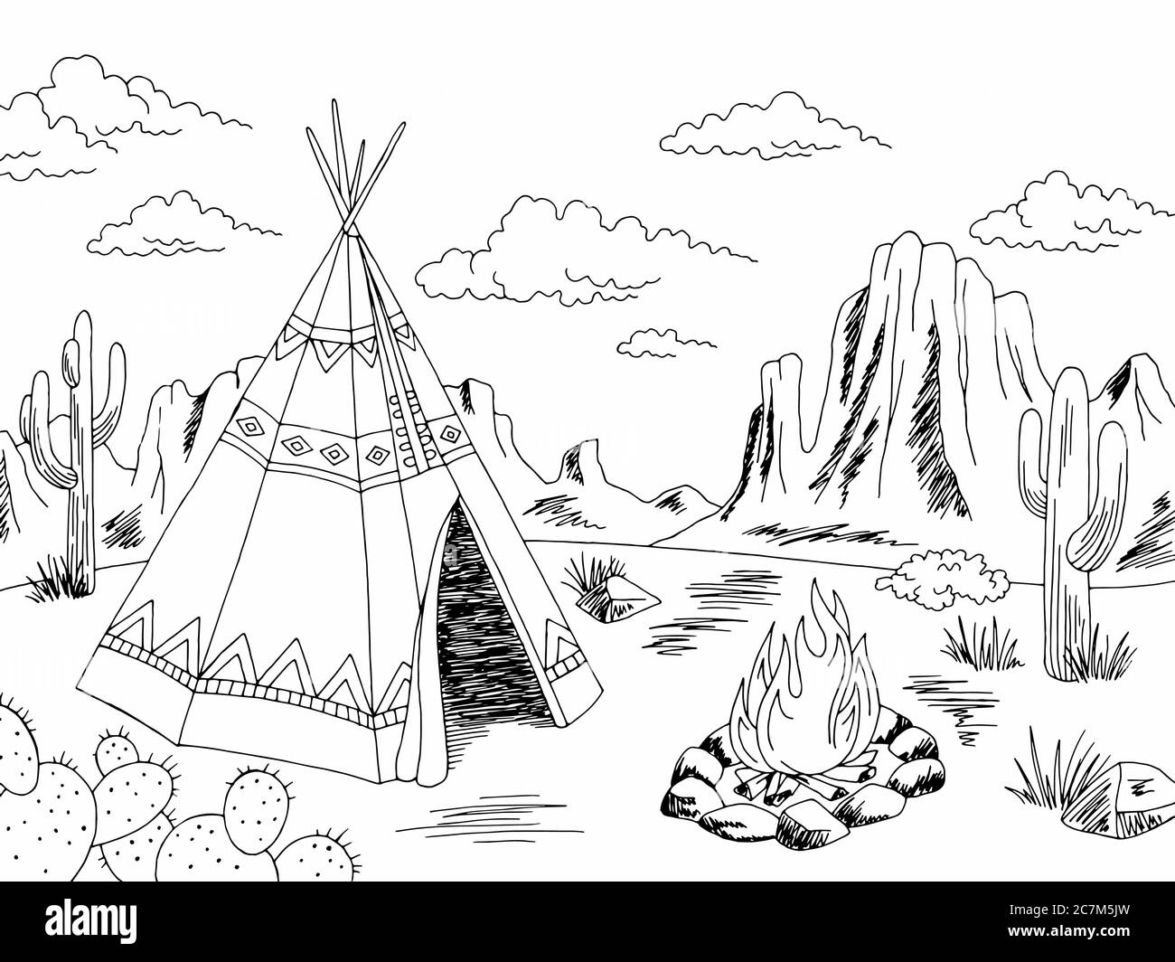 Wigwam American indian Haus außen Grafik schwarz weiß Landschaft Skizze Illustration Vektor Stock Vektor