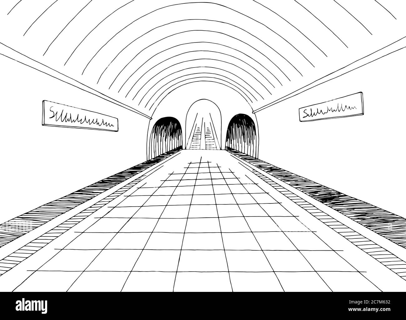 U-Bahn-Station Plattform Innengrafik schwarz weiß Skizze Illustration Vektor Stock Vektor