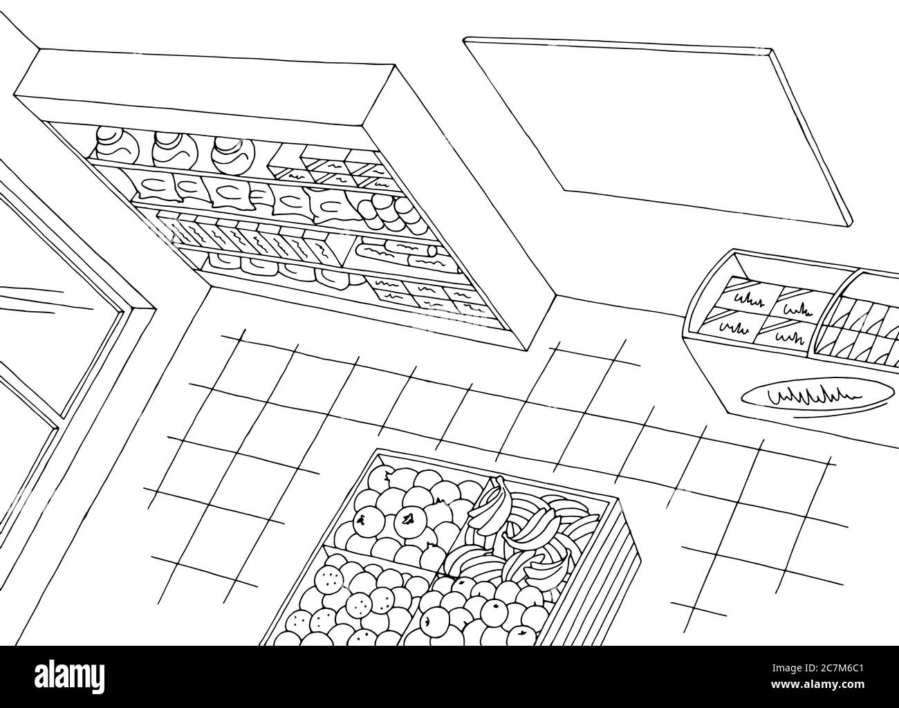Lebensmittelgeschäft Laden Innenraum Draufsicht von oben Antenne schwarz weiß Grafik Skizze Illustration Vektor Stock Vektor