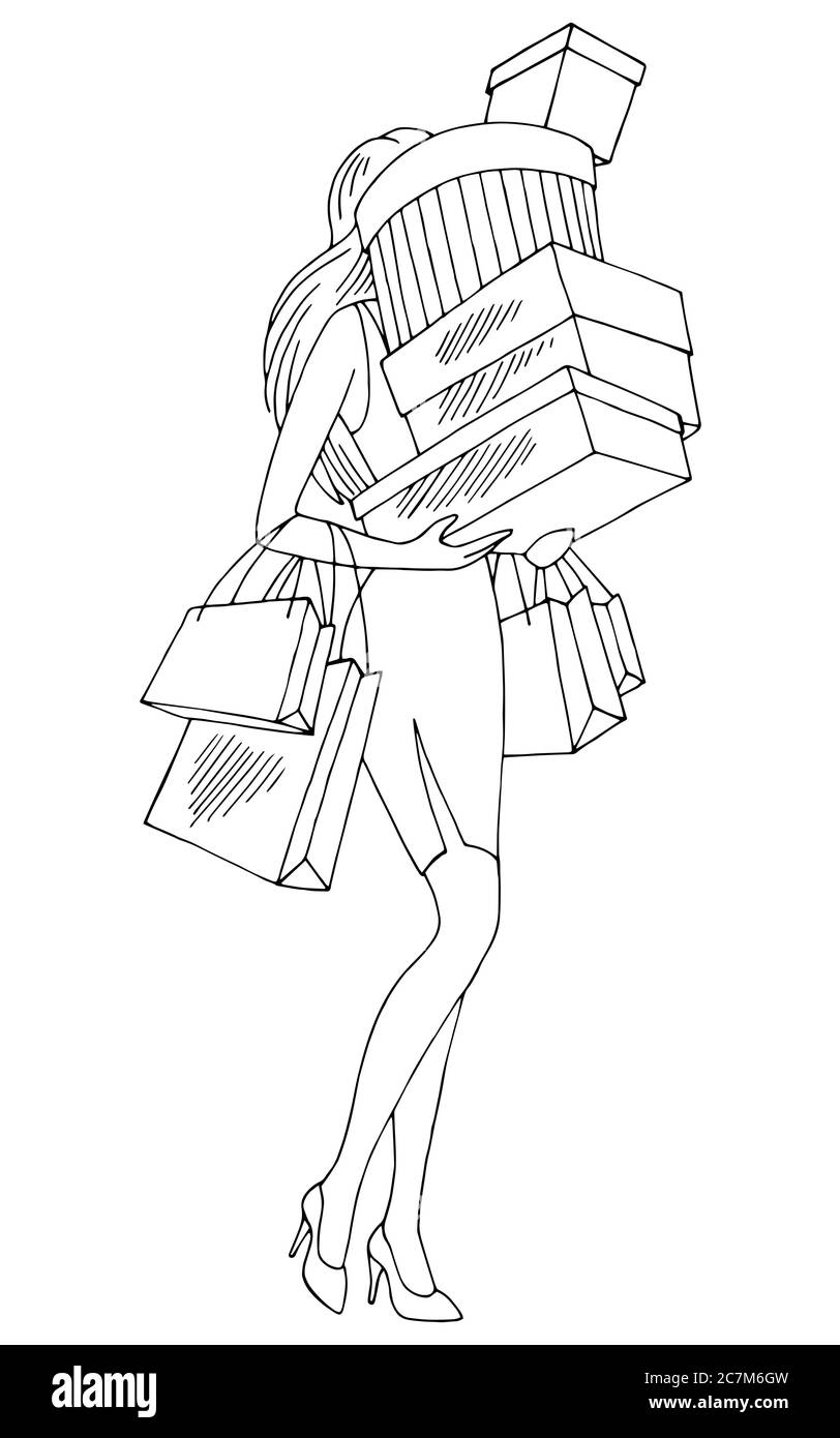 Frau nach dem Einkaufen tragen Boxen und Taschen Grafik schwarz weiß isoliert Skizze Illustration Vektor Stock Vektor