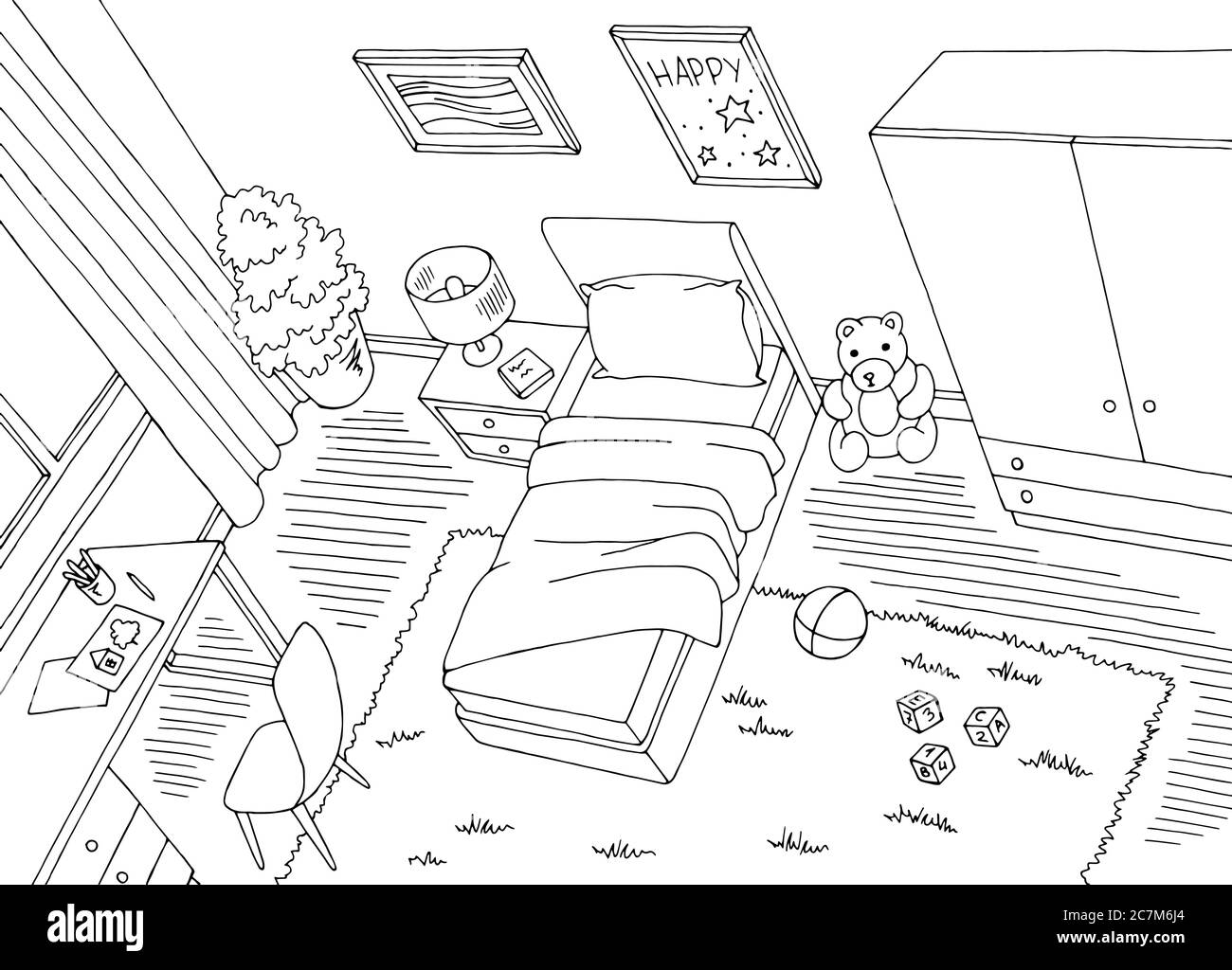 Kinder Zimmer Draufsicht von oben Grafik schwarz weiß Haus Interieur Skizze Illustration Vektor Stock Vektor