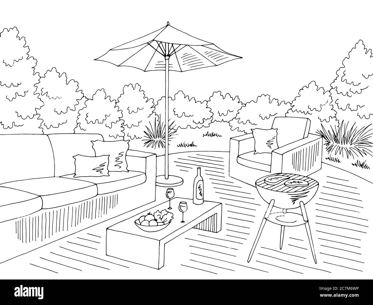 Barbecue Grafik schwarz weiß Landschaft Skizze Illustration Vektor Stock Vektor