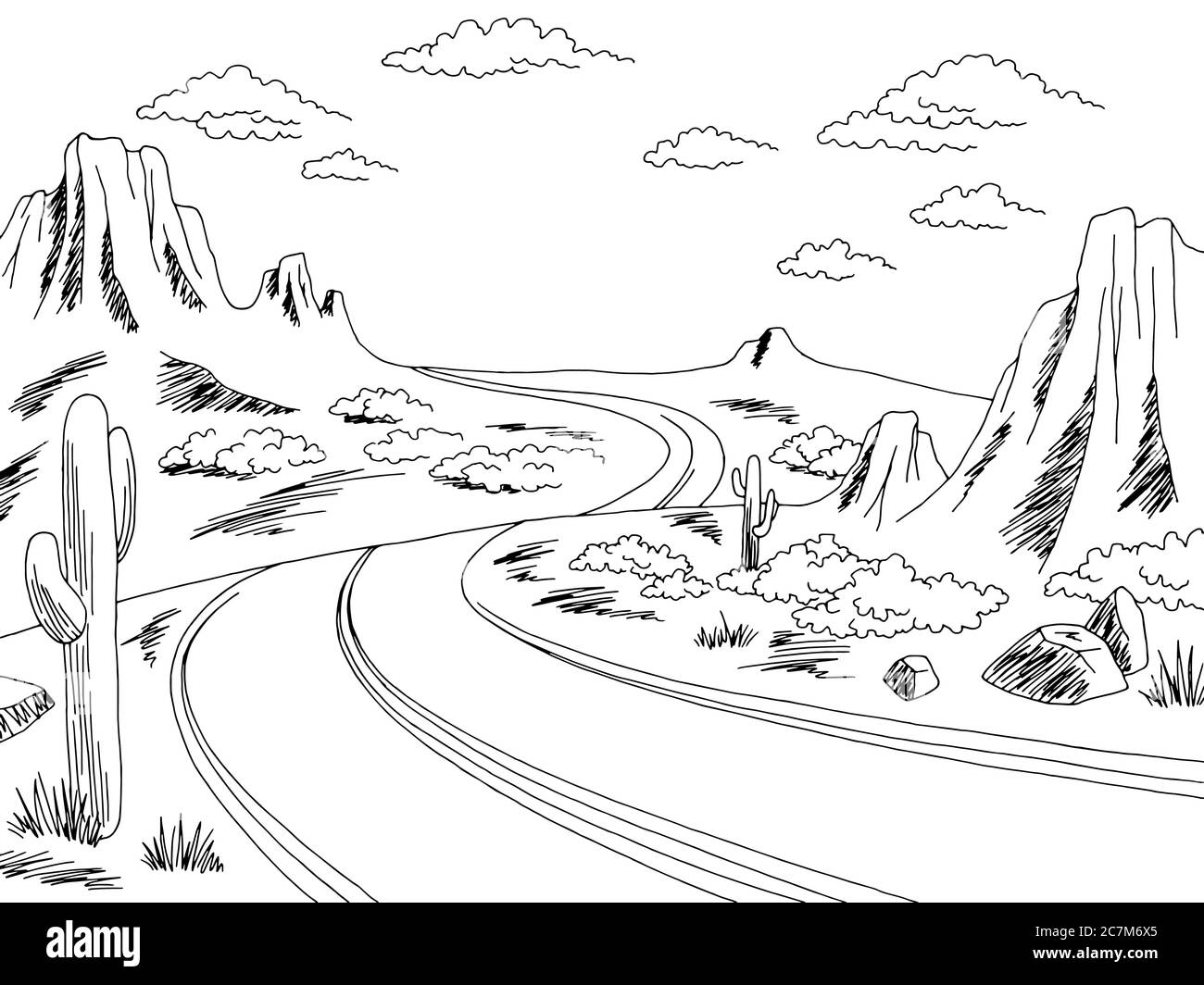 Prairie Straße Grafik schwarz weiß Landschaft Skizze Illustration Vektor Stock Vektor