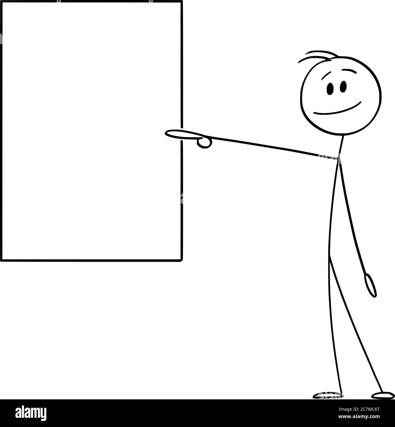 Vektor Cartoon Stick Figur Zeichnung konzeptionelle Illustration von lächelnden positiven Mann oder Geschäftsmann zeigt oder zeigt leere oder leere vertikale Zeichen. Stock Vektor