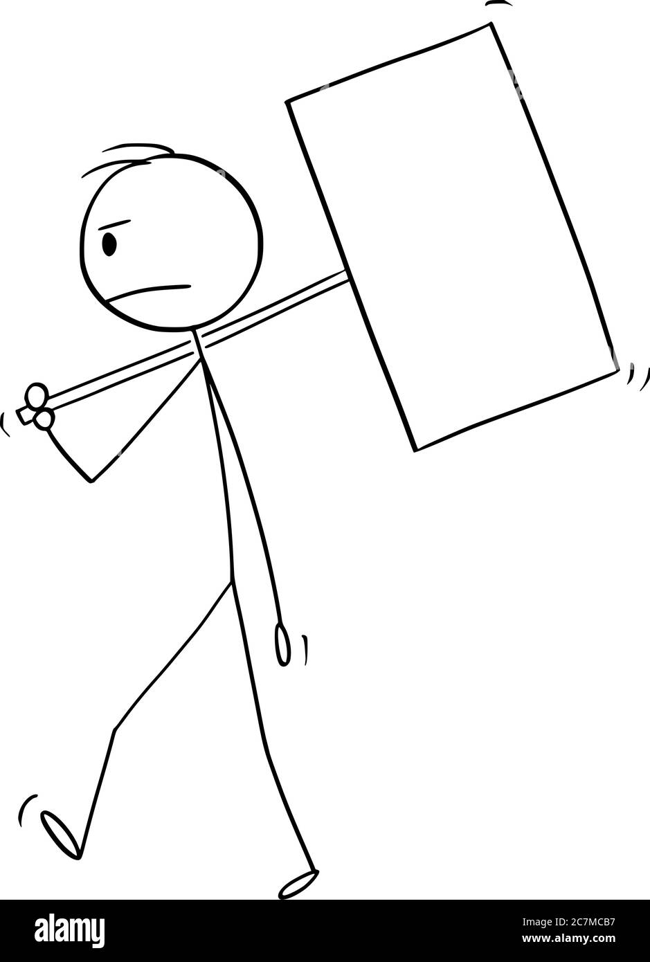 Vektor Cartoon Stick Figur Zeichnung konzeptionelle Illustration frustriert Mann oder Geschäftsmann zu Fuß mit leeren oder leeren Zeichen auf Stange. Stock Vektor