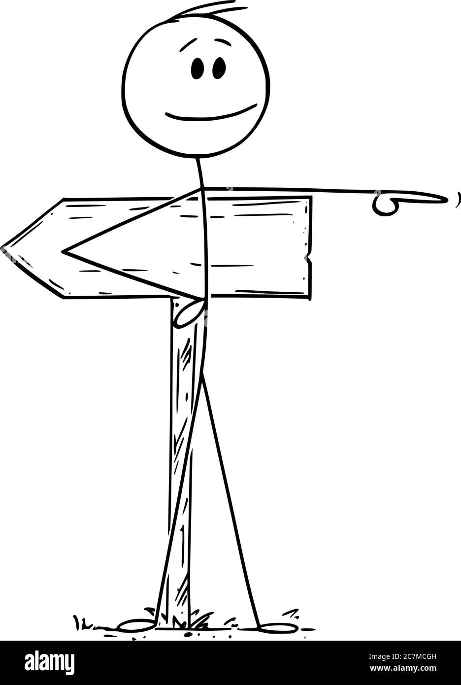 Vektor Cartoon Stick Figur Zeichnung konzeptionelle Illustration des Menschen oder Geschäftsmann zeigt in entgegengesetzte Richtung als Straßenschild. Anders Weg, Entscheidung, Individualität Konzept. Stock Vektor