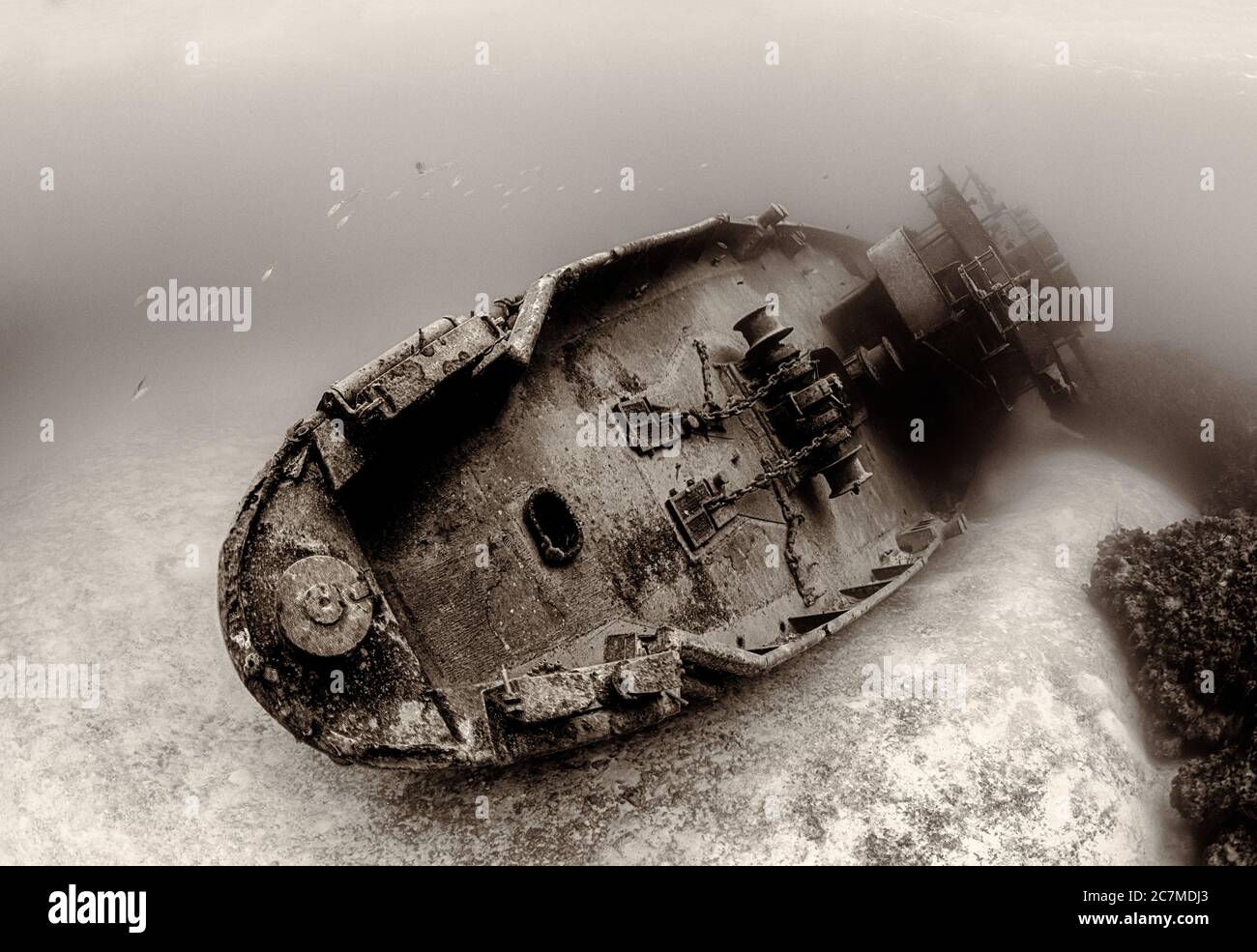 Sepiafarbene Fotografie der berühmten versunkenen USS Kittiwake (ASR-13) in Grand Cayman Island Stockfoto